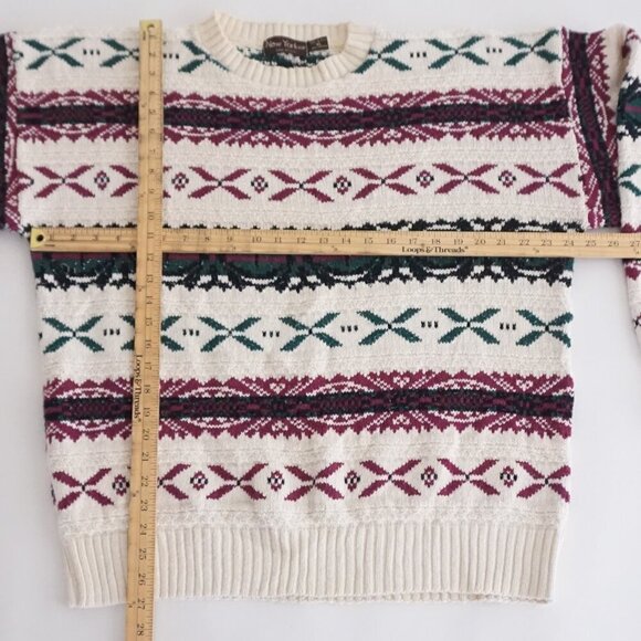 Vintage '90S New Yorker Cream Maroon 3D Eclectic Grandpa Crewneck Sweater XL - Picture 3 of 11